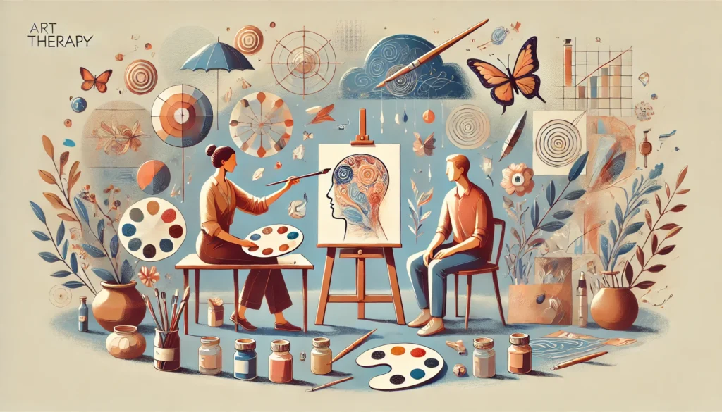 dall·e 2024 08 21 09.48.43 an illustration depicting the concept of art therapy. the scene shows an individual engaged in creating art such as painting or drawing with a thera